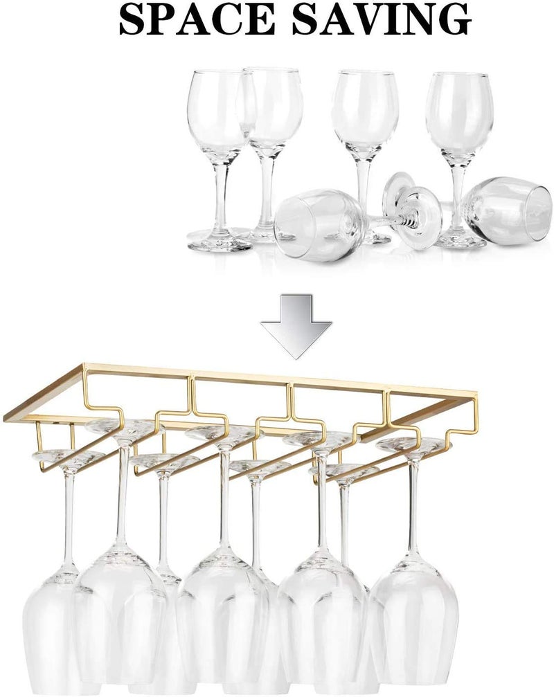 FOMANSH Wine Glass Rack - Under Cabinet Stemware Wine Glass Holder Glasses Storage Hanger 2 Pack Metal Organizer for Bar Kitchen Gold - Image 2